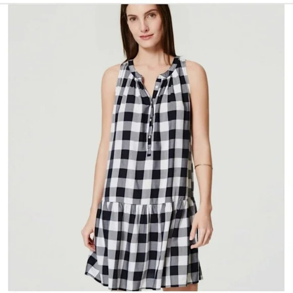 LOFT Gingham Plaid Sleeveless Drop Waist Ruffle Blue & White Mini Dress Size S